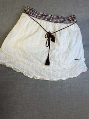 Lee Cooper White Boho Mini Skirt with Embroidered Waistband and Tassel Belt